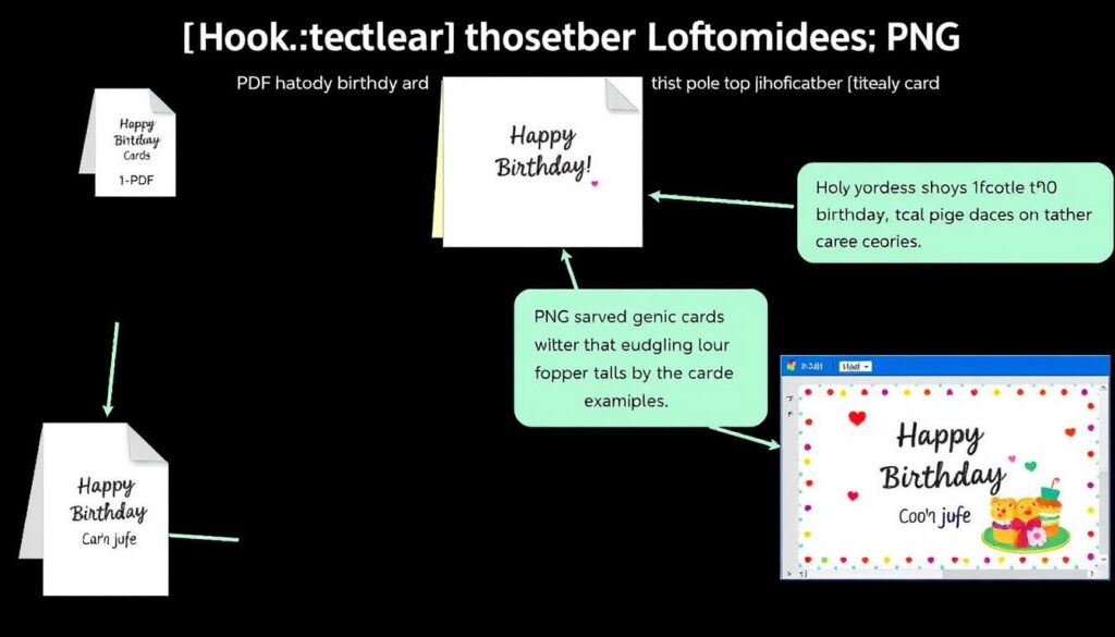 Comparación visual de diferentes formatos de archivo para tarjetas de cumpleaños