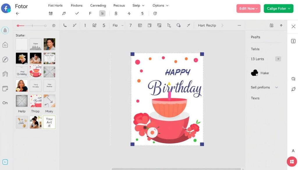 Editor de Fotor mostrando una tarjeta de cumpleaños siendo editada