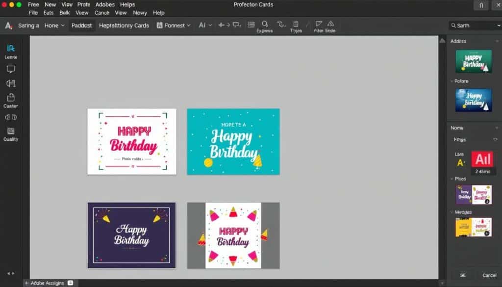 Interfaz de Adobe Express con plantillas de tarjetas de cumpleaños