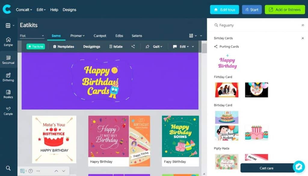 Interfaz de Canva mostrando plantillas de tarjetas de cumpleaños para editar gratis