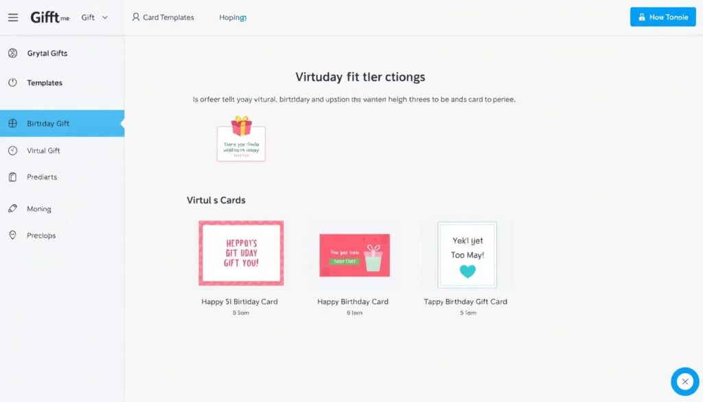 Interfaz de Gifft.me mostrando opciones de tarjetas virtuales de cumpleaños