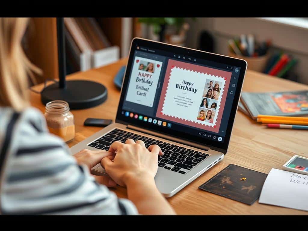 Persona editando una tarjeta de cumpleaños en su computadora