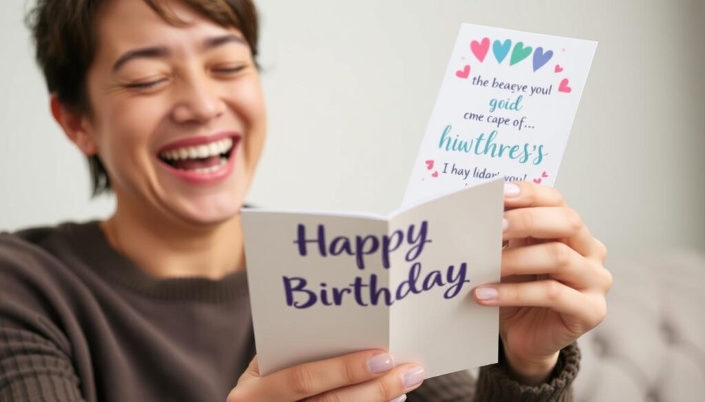 Persona feliz recibiendo una tarjeta de cumpleaños personalizada
