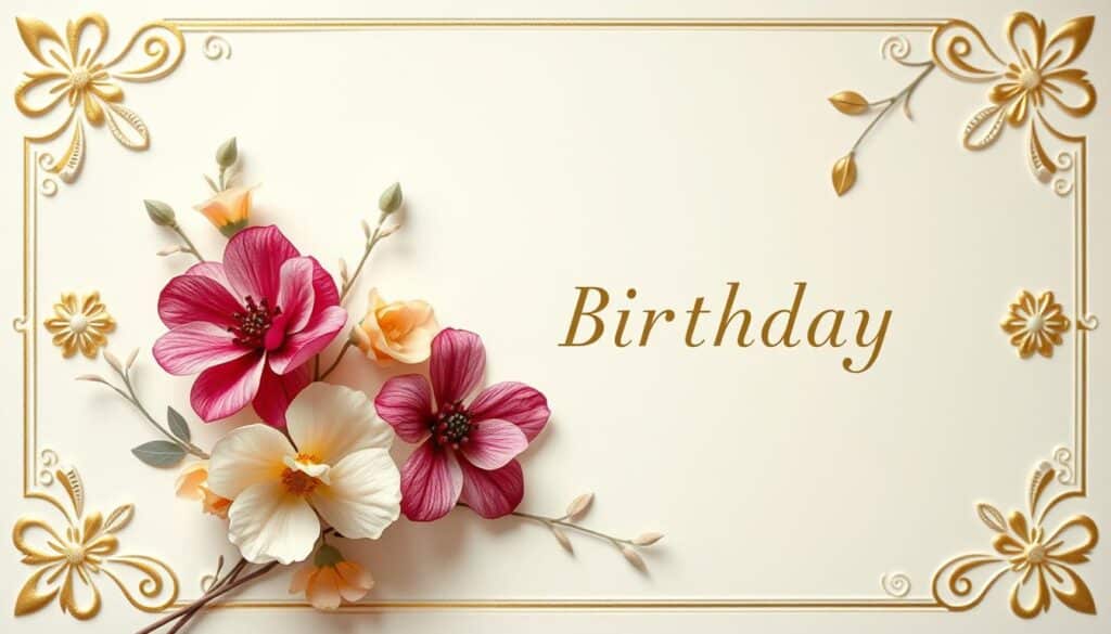 A delicate floral arrangement adorns the center of a classic birthday card, its vibrant petals framed by a soft, light-dappled background. Subtle patterns and textures evoke a timeless, elegant aesthetic, while a tasteful color palette of pastel hues and gentle metallic accents lend an air of refined sophistication. Intricate details, such as embossed embellishments and a velvety matte finish, elevate the design, creating a sense of tactile luxury. The composition is carefully balanced, with the main floral motif drawing the eye while complementary design elements provide visual interest and depth. An overall mood of understated celebration and refined celebration pervades the scene, reflecting the timeless appeal of classic birthday card designs.