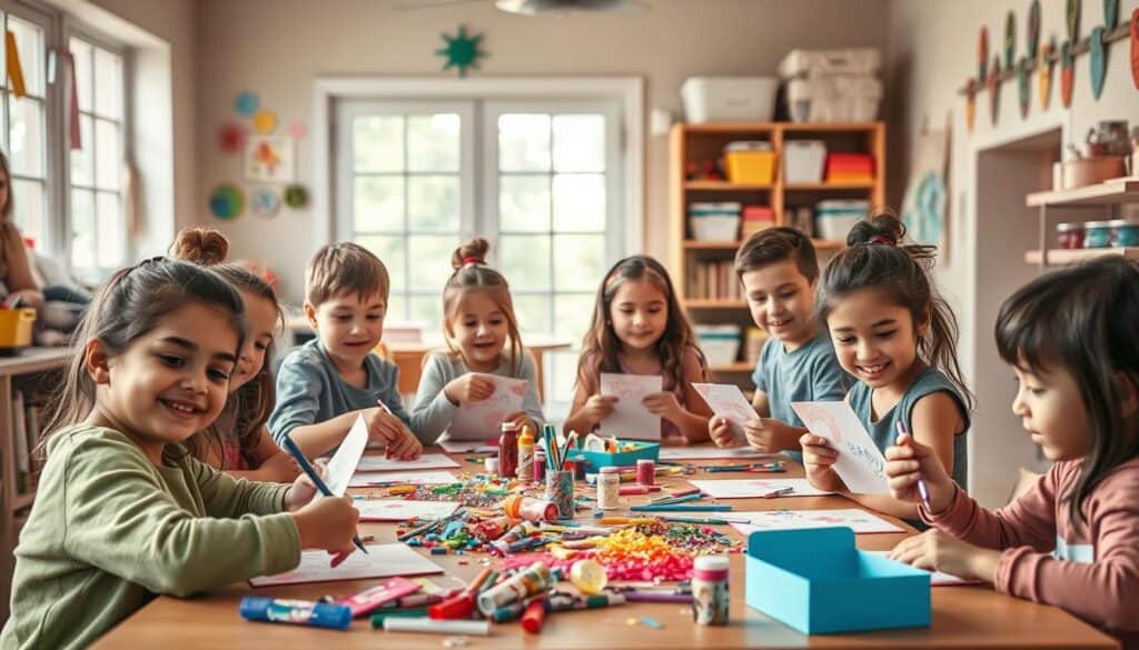A warm, inviting scene of children enthusiastically creating handmade birthday cards. In the foreground, a group of diverse kids, ages 5-10, sit around a large table, their faces filled with concentration as they cut, color, and assemble vibrant paper, glitter, and other craft supplies. Midground, shelves and bins overflow with art materials, sparking their creativity. The background depicts a cozy, well-lit classroom or community space, with large windows allowing natural light to pour in, illuminating the children's joyful expressions. A sense of togetherness, learning, and personalized craftsmanship permeates the image, perfectly encapsulating the "Involucrar a niños en la creación" section of the article.