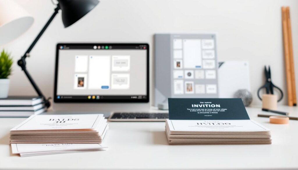 DIY editable invitation cards on a modern minimalist desktop, with clean white background, warm natural lighting, and a soft focus. In the foreground, various invitation templates are stacked and arranged neatly, showcasing different styles and designs. The middle ground features a laptop or digital tablet displaying an editing interface, allowing the user to customize the invitations. In the background, a few office supplies, such as scissors, tape, and a ruler, are subtly visible, suggesting a DIY crafting setup. The overall mood is one of creativity, simplicity, and a sense of handmade charm.
