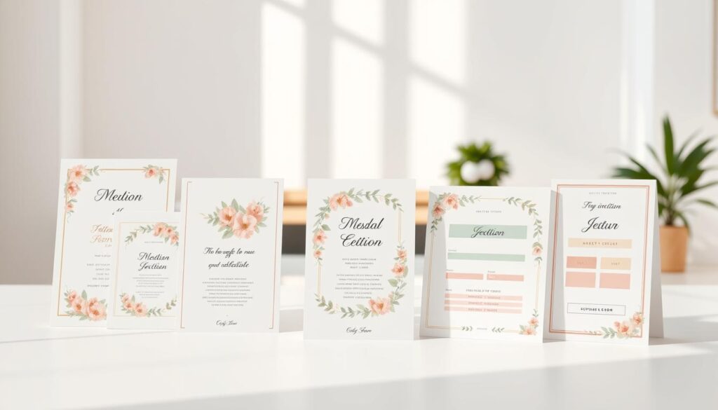 Elegant and customizable invitation templates with a refined, modern aesthetic. A clean, minimalist foreground showcasing a variety of printable digital invitation designs in soft pastel hues, lush floral motifs, and tasteful typographic layouts. A middle ground featuring close-up details of the templates' customizable elements like editable text fields, color palettes, and layout options. A blurred background evoking a warm, softly lit studio space, conveying a sense of professionalism and creativity. Crisp, high-resolution rendering with natural lighting from the side, casting gentle shadows and highlights to accentuate the templates' premium quality and versatility.